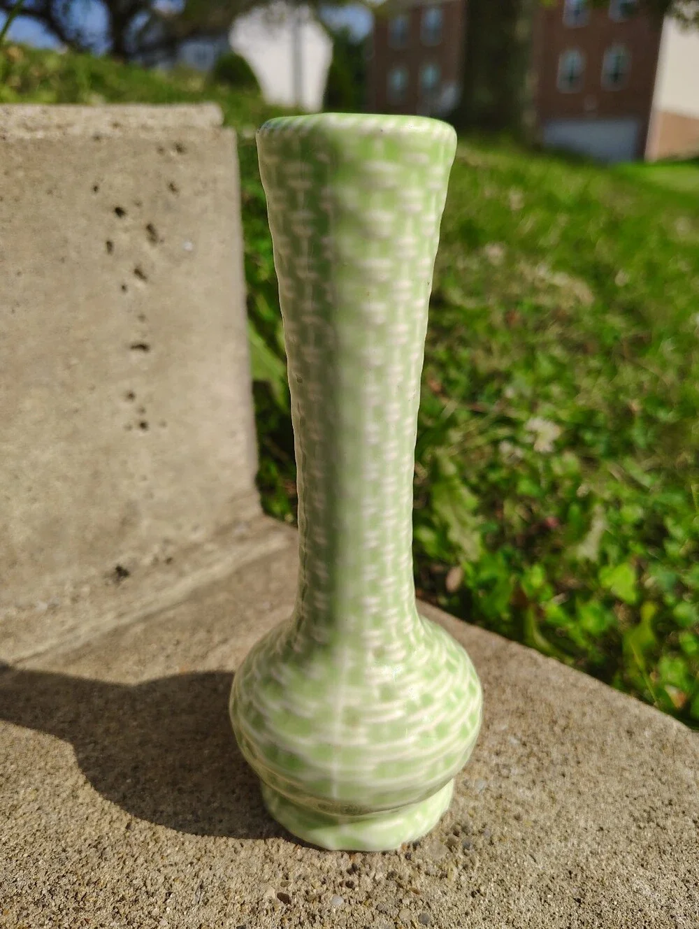 Vintage Japanese Ceramic Bud Vase Light Green Basketweave Weave Pattern Japan